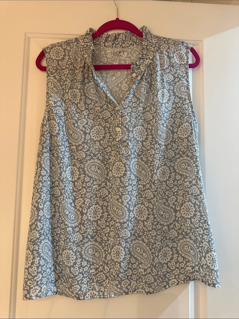 LOFT Light Blue Paisley Sleeveless Henley Shell